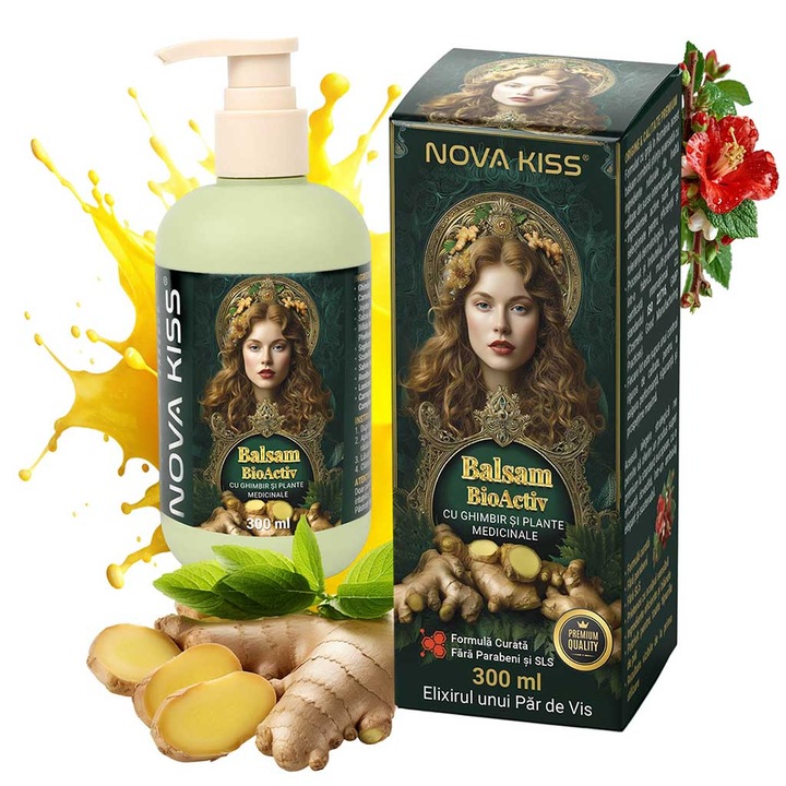 Balsam BioActiv cu Ghimbir Impotriva Caderii Parului, Efect Regenerator, Formula Premium Fara Parabeni si SLS, NOVA KISS®, 300 ml