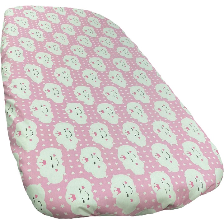 Cearceaf din bumbac ranforce, cu elastic pe colturi, culoare roz, pentru patut de bebelusi 120/60cm, din colectia "Vis cu norisori" - CPBR16