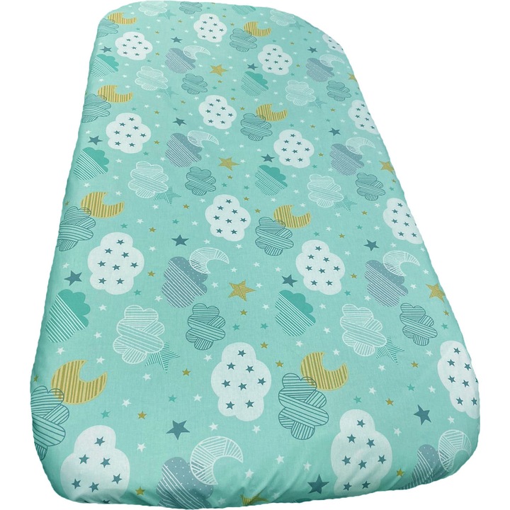 Cearceaf din bumbac ranforce, cu elastic pe colturi, culoare verde, pentru patut de bebelusi 120/60cm, din colectia "Vis cu norisori" - CPBR20