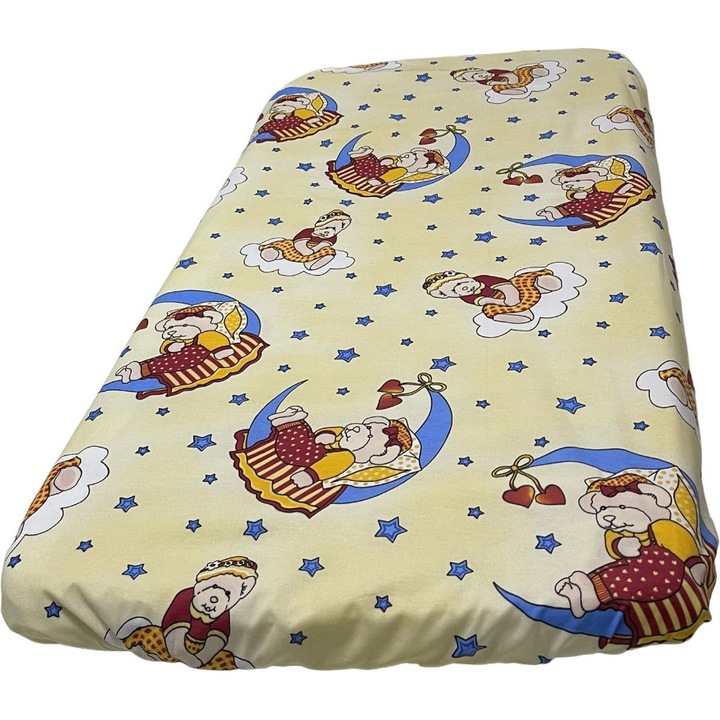 Cearceaf din bumbac, cu elastic pe colturi, culoare galben, pentru patut de bebelusi 120/60cm, din colectia "Happy Baby" - CPB47