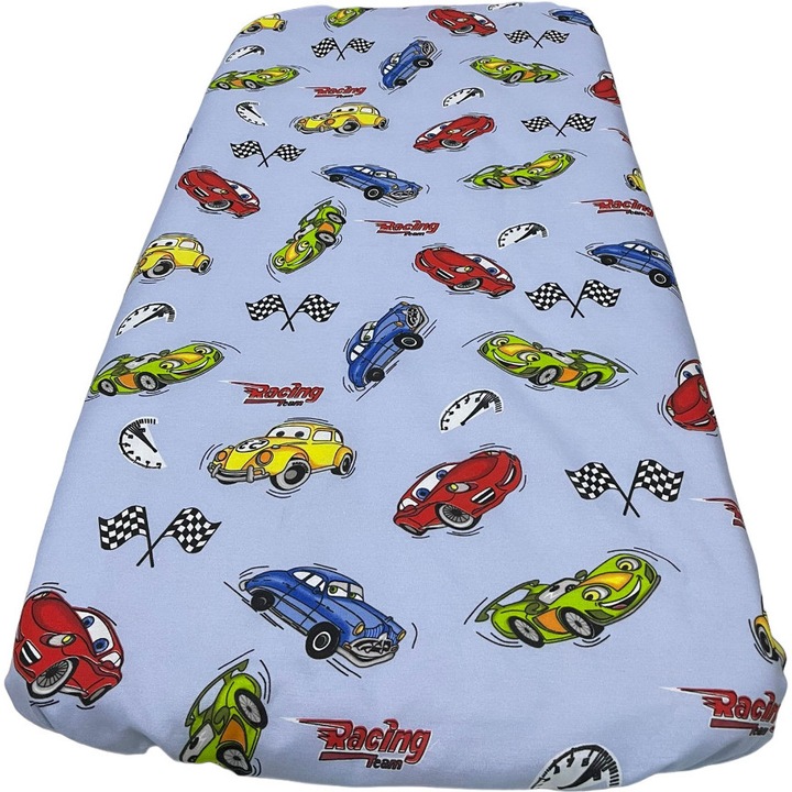 Cearceaf din bumbac, cu elastic pe colturi, culoare albastru deschis, pentru patut de bebelusi 120/60cm, din colectia "Just for baby girls" - CPB38