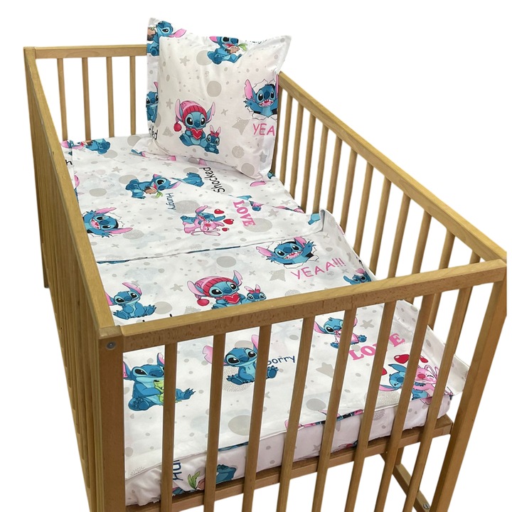 Lenjerie trei piese, din bumbac ranforce, culoare alb/albastru pentru patut de bebelusi 120/60cm, din colectia "Vis cu norisori" - LPR259