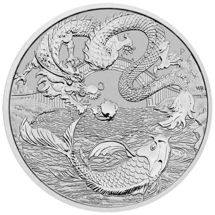 Moneda Argint Myths and Legends Series Dragon & Koi fish, 1 Oz, 31, 1 g, puritate 999