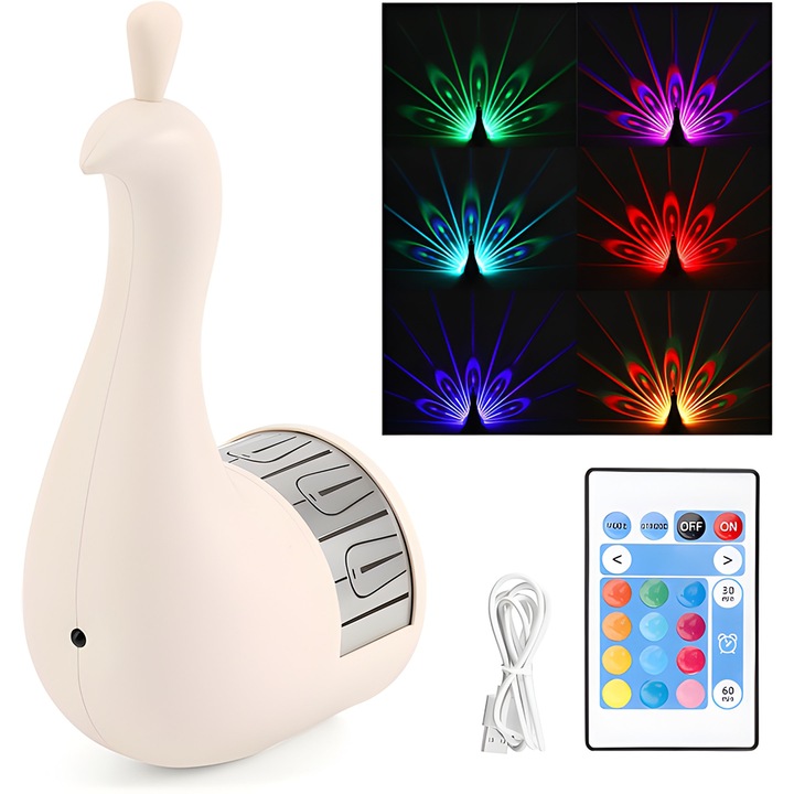 Lampa Proiector Teno®, model paun, alimentare la retea USB, lumini LED, diverse moduri de iluminare, montare usoara, control prin telecomanda/touch, temporizator, alb
