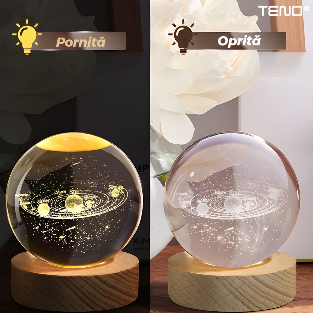 Lampa de Veghe Teno®, bila de cristal, model sistem solar, lumini