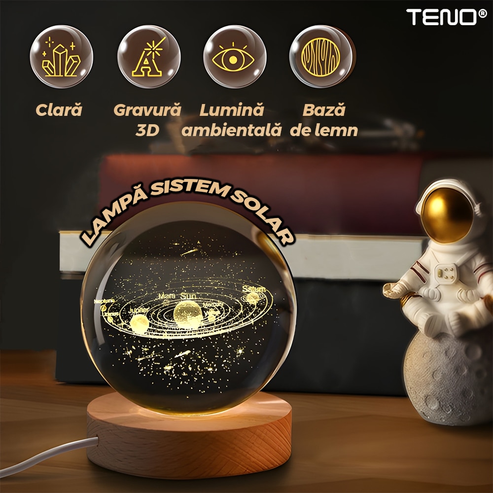 Lampa de Veghe Teno®, bila de cristal, model sistem solar, lumini