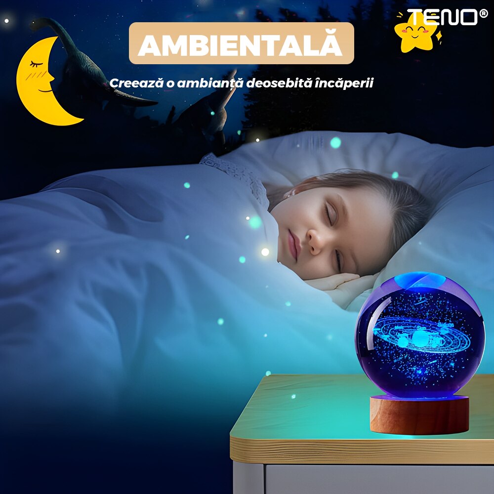 Lampa de Veghe Teno®, bila de cristal, model sistem solar, lumini