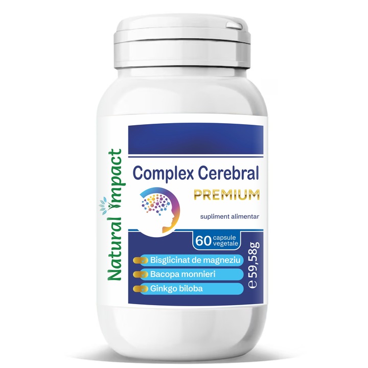 Magneziu Bisglicinat - 1.250 mg + Ginko Biloba si Bacopa Monnieri - 60 capsule vegetale - Complex Cerebral PREMIUM - Pentru Memorie, Concentrare, Stres - Natural Impact