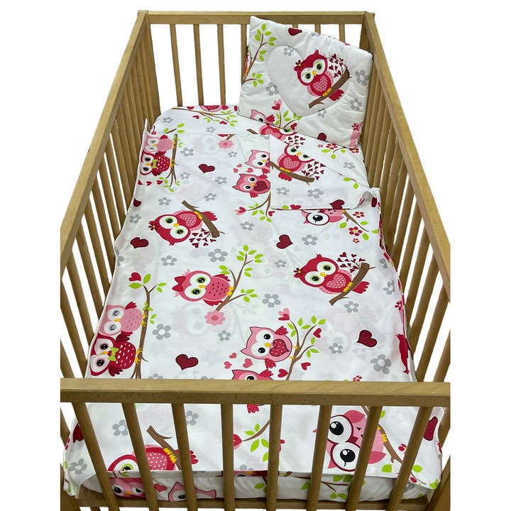 Lenjerie trei piese, din bumbac ranforce, culoare alb/multicolor pentru patut de bebelusi 120/60cm, din colectia "Cuibusorul fermecat" - LPR32