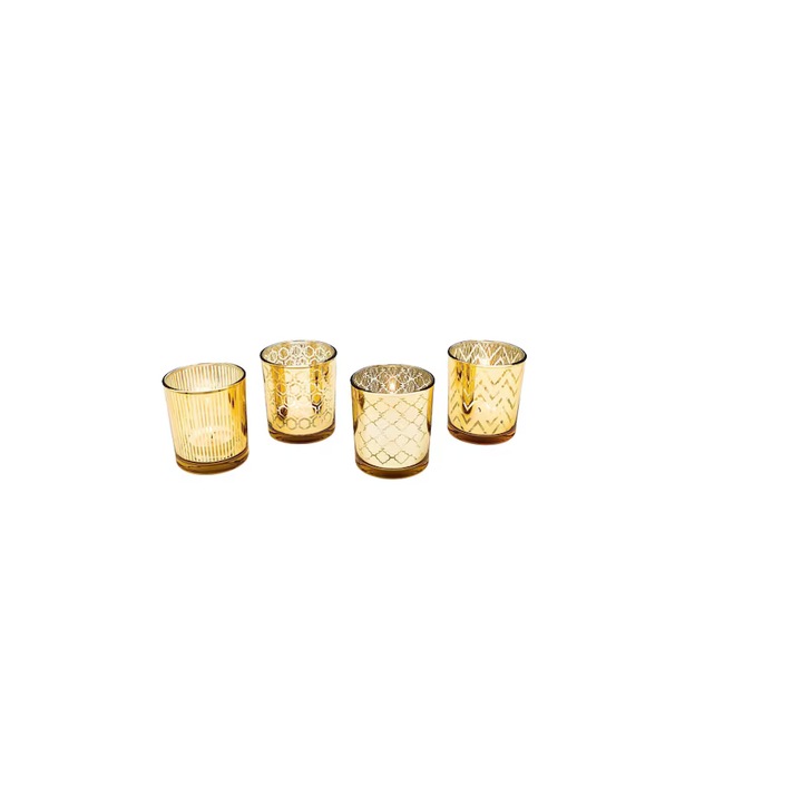 Set 4 suporturi pentru lumanari, sticla, auriu, 7x8cm