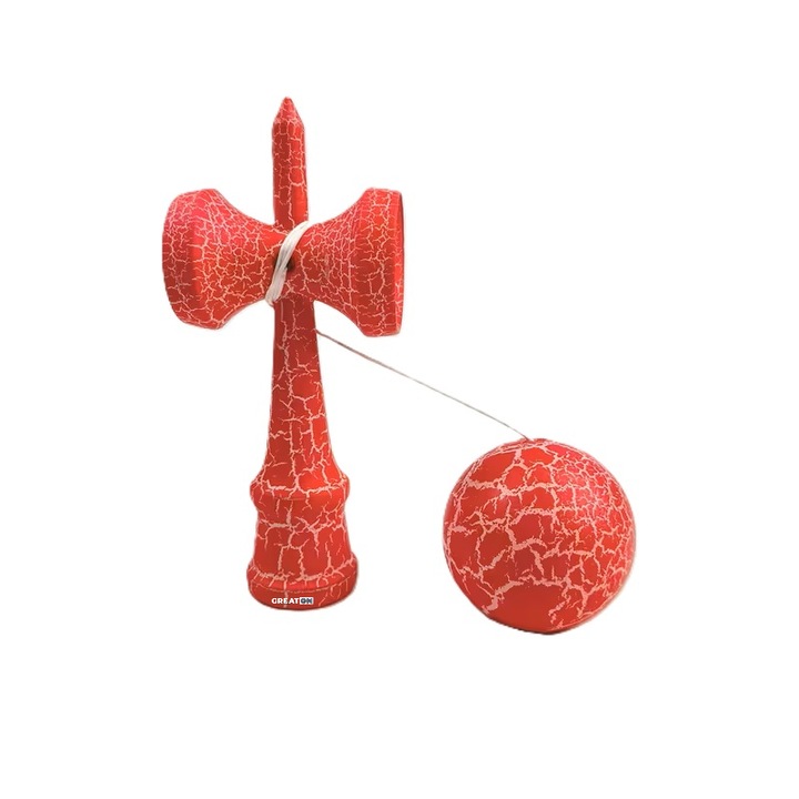 Kendama Profesionala GREATON Din Lemn Natural, 18 cm, Joc de Indemanare si Coordonare Pentru Copii si Adulti, Design de Lemn Crapat, Rosu/Alb