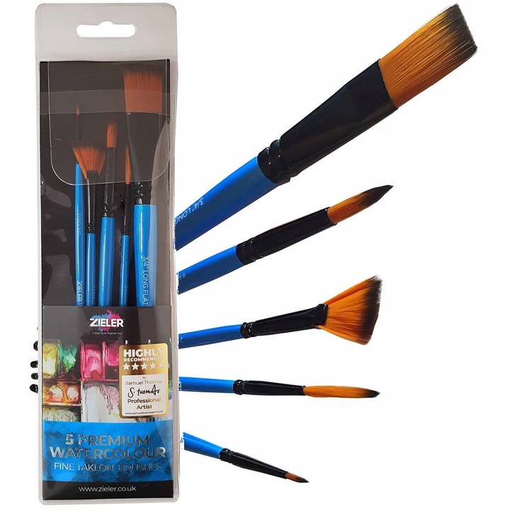 Set pensule Premium Zieler, 5 bucati, sintetic, pentru acuarela, cu trunchiuri durabile