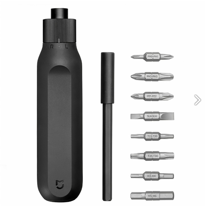 Xiaomi Racsnis csavarhúzó, 16 az 1-ben, kivehető kihúzható tengellyel és puha gumírozott markolattal, fekete