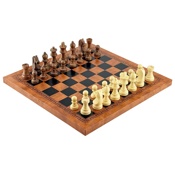Set de sah Italfama Classic, piese din lemn de acacia, greutate, tabla din piele ecologica 26x26cm