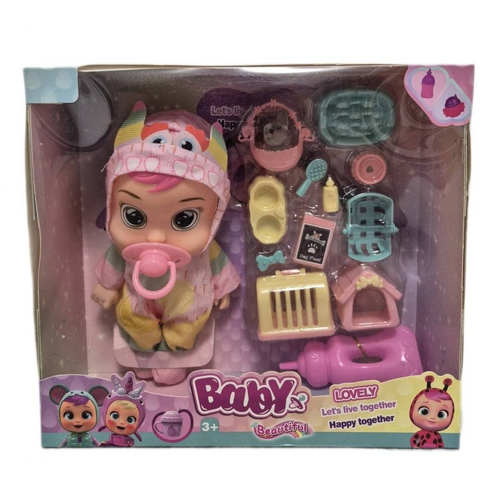 Set Papusa Tip Cry Baby cu Accesorii Multicolor, Dimensiuni: 30x45cm