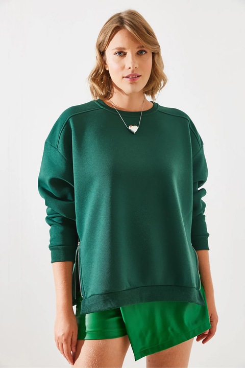 Hanorac HiCCUP, guler rotund, cu fermoar decorativ, verde, textil