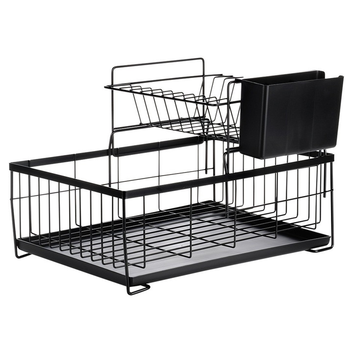 Scurgator vase metalic negru 2 niveluri 42x28x28 cm, cu suport pentru tacamuri, set