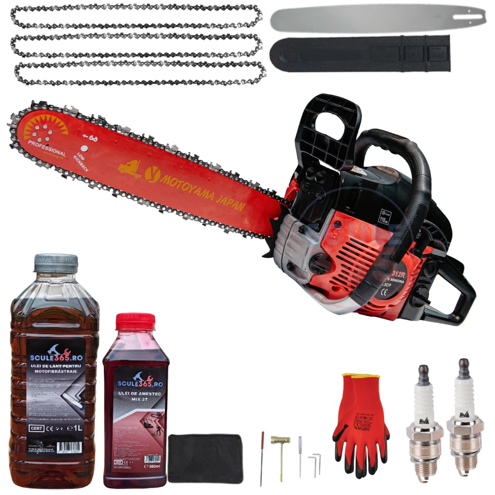 Drujbă benzină 8.5CP, 58cc, 40cm, set complet cu 3 lanțuri, ulei