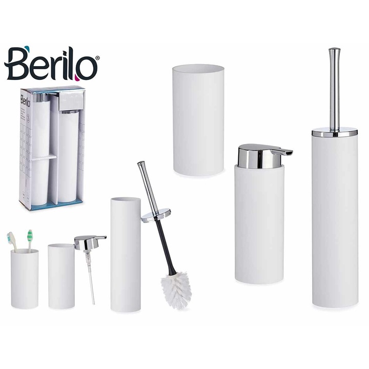 Комплект за баня от 3 части, марка Berilo, пластмаса, бяло-сребрист цвят, практичен дизайн