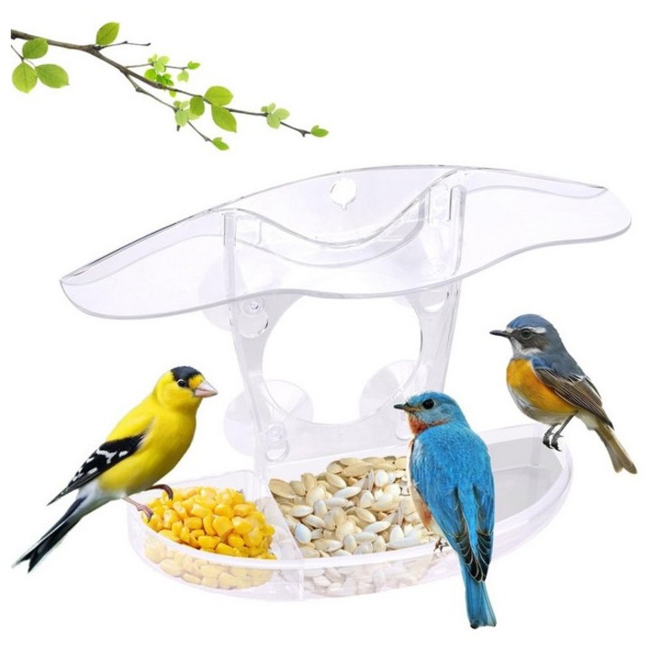 Hranitor de fereastra pentru pasari cu 4 ventuze, acril transparent, spatios, rezistent la intemperii