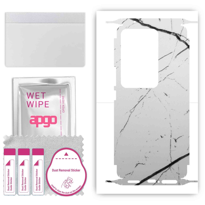 Защитно фолио за Vivo S17 Pro – apgo Skins, против надраскване, стикер за гръб и страни Бял мрамор