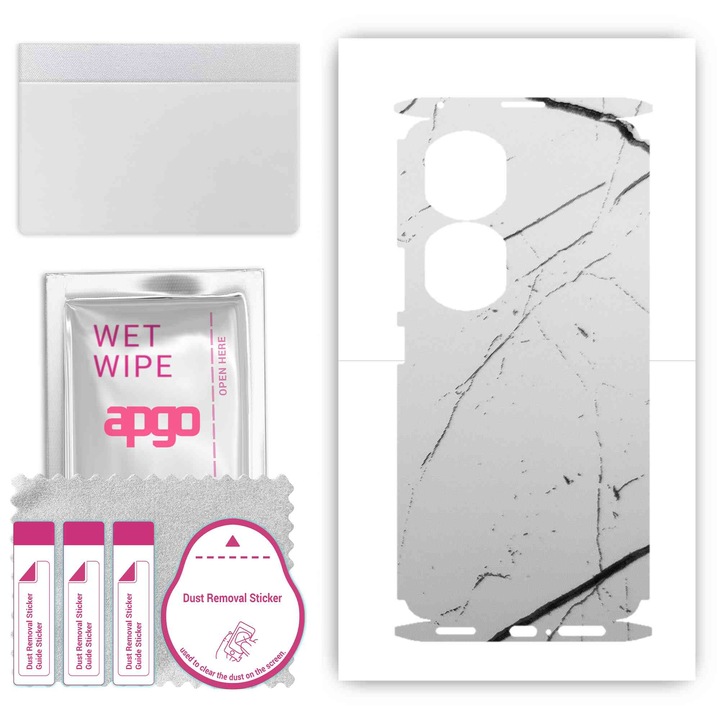Folie de protectie pentru Honor 90 Pro – apgo Skins, anti-zgarieturi, autocolant pentru spate si laturi Marmura alba