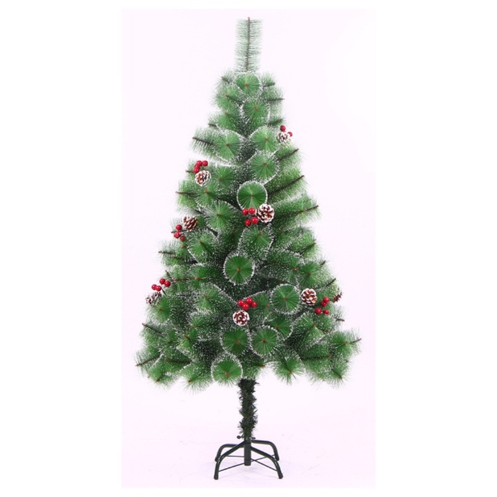 Brad artificial de Crăciun 180cm, pin verde cu conuri și decoratiuni