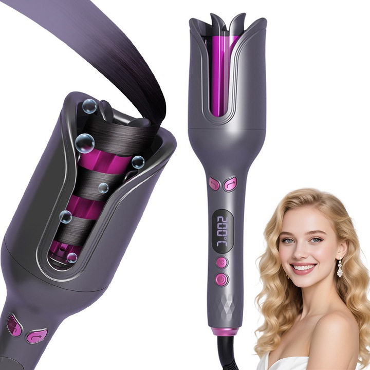Автоматична маша за коса, керамична, 4 температурни настройки 150-210 градуса, таймер за къдрици, контрол на посоката на въртене, функция за бързо загряване, 35W, тъмно сиво