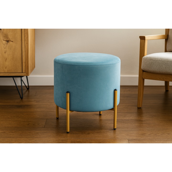 Taburet rotund, Selgot, catifea turcoaz, 35x40cm, picioare aurii