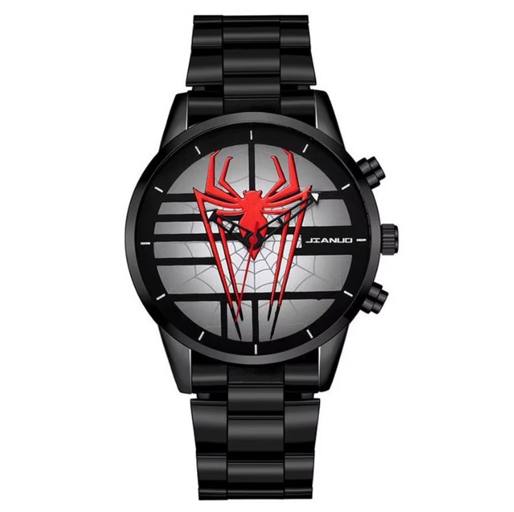 Ceas Barbatesc Spiderman, REDZ Accessories, Curea Metalica Neagra, Cadran Rosu, Diametru 40mm