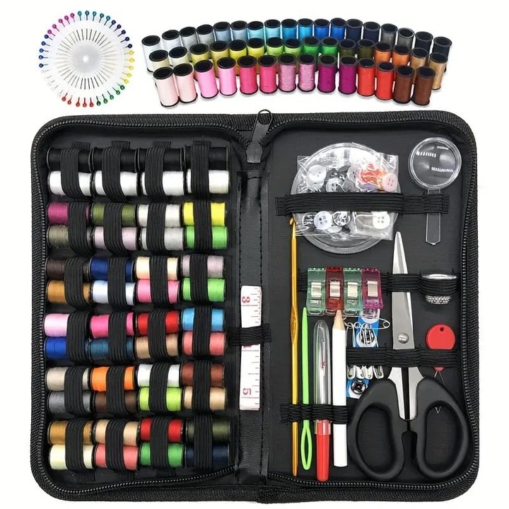 Set Premium pentru Cusut, 172 piese, ace, ate colorate, foarfece, nasturi, ruleta, degetare si accesorii complete, geanta organizator portabila, Onuvio®