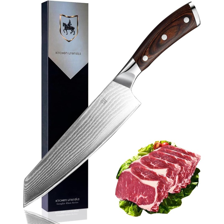 Cutit Chef 8", Otel Inoxidabil Damascus, Maner Ergonomic din Lemn, 20 cm