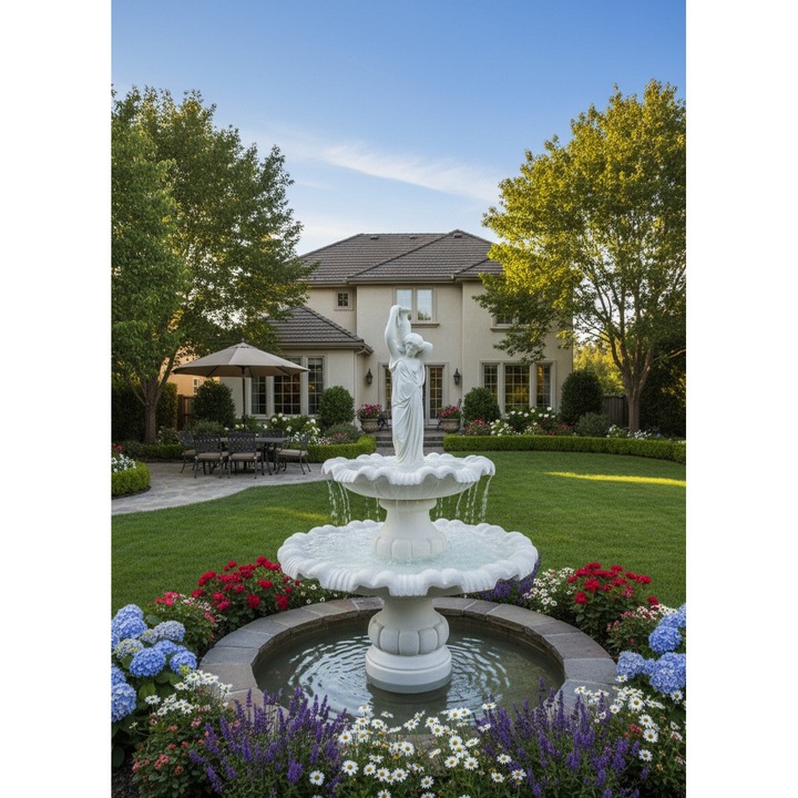 Fantana arteziana Jurand Fata cu Doua Niveluri, piatra artificiala, alba, 130x52x185cm, accesorii incluse, rezistenta la inghet/UV
