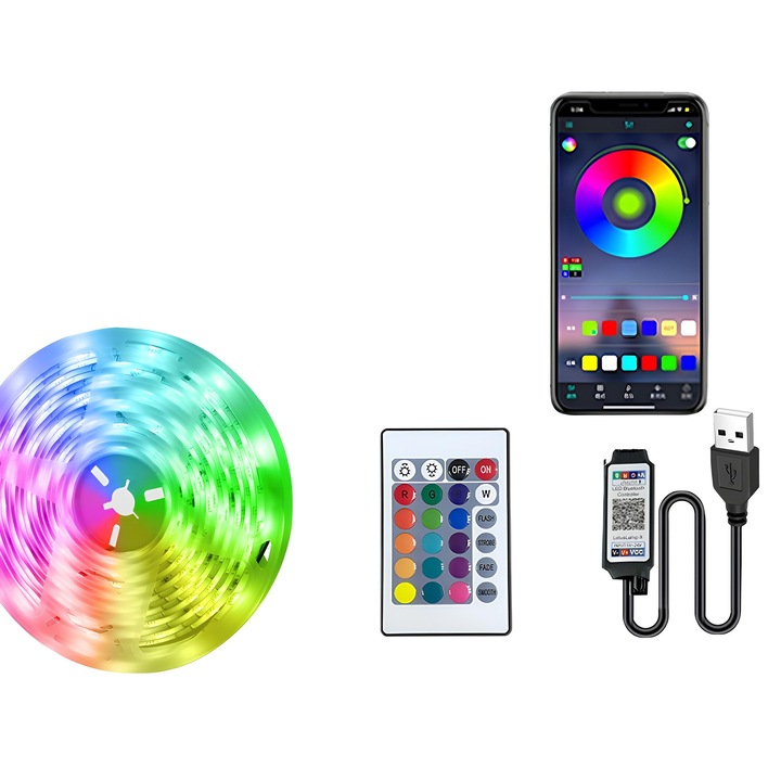 Kit Banda LED 1M, RGB, Adeziva, Telecomanda 24 butoane, Aplicatie Mobila, Alimentare USB