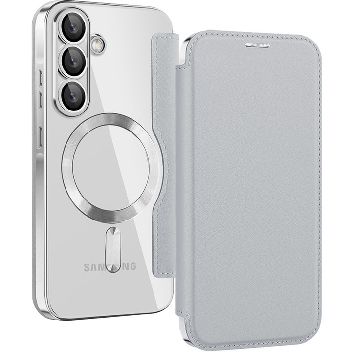 Husa cu magnet pentru Samsung Galaxy S23 FE, PU Leather MagCase Book, Tip carte, Piele ecologica, Protectie lentile camere, Buzunare carduri, Accente metalizate, Protectie fata-spate 360, Inel atasare magnetica wireless, Antisoc, Argintiu