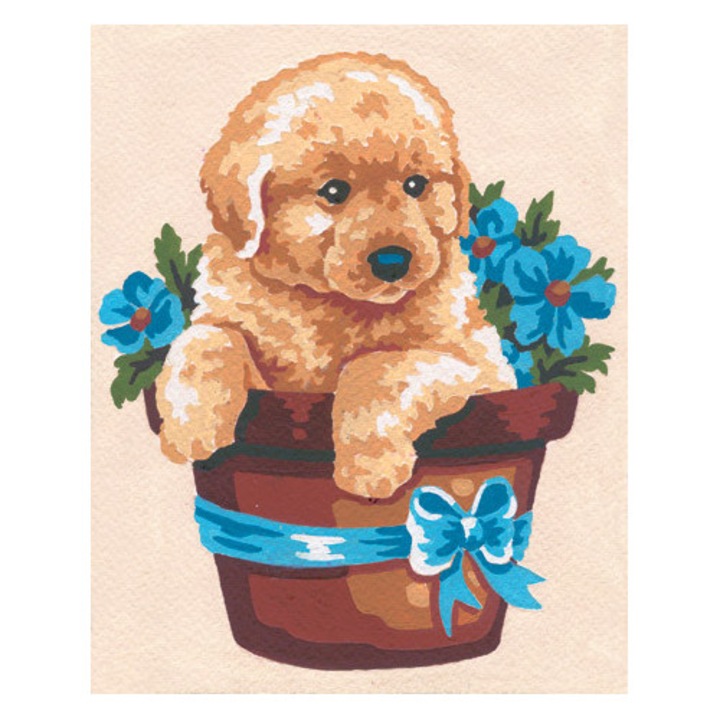 Goblen imprimat pe panza fara ate Collection D`Art "Catelus in ghiveci cu flori" 14x18 cm