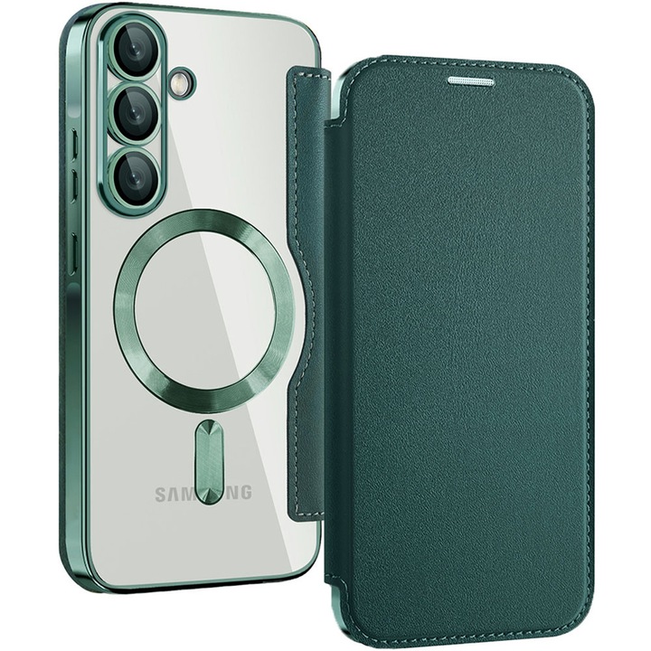 Husa cu magnet pentru Samsung Galaxy A56 5G, PU Leather MagCase Book, Tip carte, Piele ecologica, Protectie lentile camere, Buzunare carduri, Accente metalizate, Protectie fata-spate 360, Inel atasare magnetica wireless, Antisoc, Verde inchis
