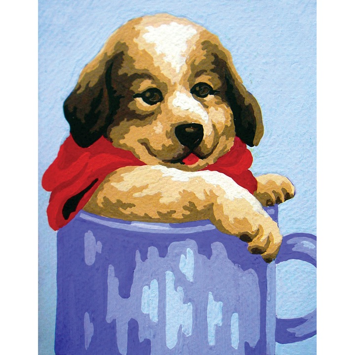 Goblen imprimat pe panza fara ate Collection D`Art "Catelus in ghiveci albastru" 14x18 cm