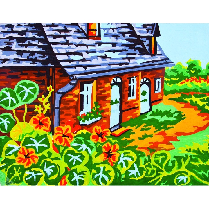 Set goblen imprimat cu imagine si set ate Collection D`Art "Casuta in sat" 14x18 cm