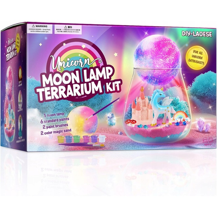 Set creativ terariu cu lampa in forma de luna, unicorn, 6 vopsele, 2 pensule, 2 nisip colorat, 6 ani+
