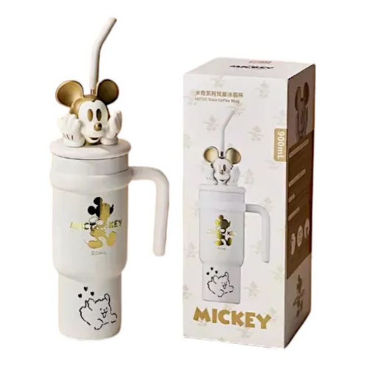 Termos Sanrio Disney Mickey Mouse, Otel Inoxidabil, Izolare 6h, Negru/Rosu, 900 ml, Maner Integrat