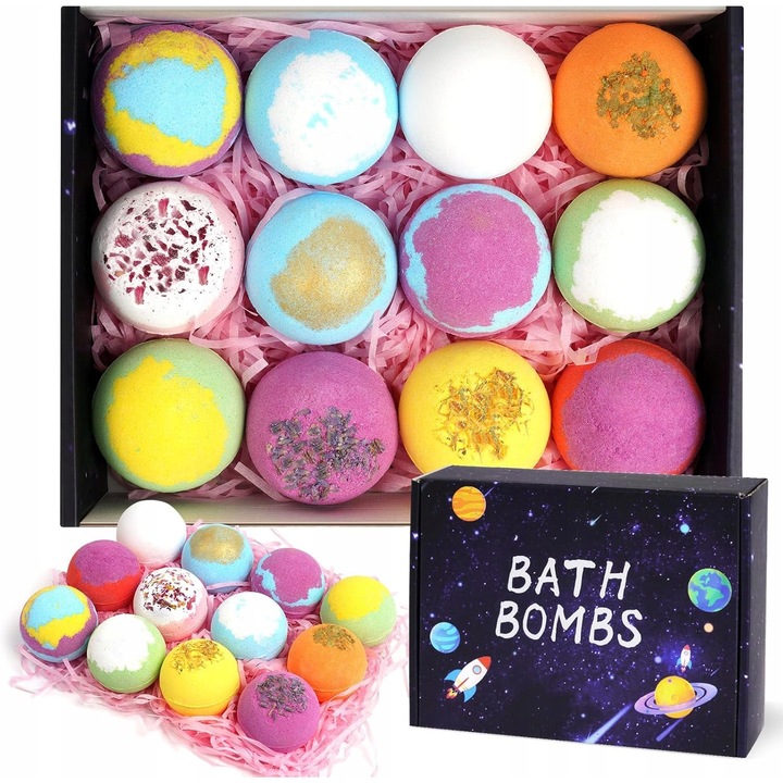 Set de 12 bile de baie naturale, 12 arome, efecte de spuma, pentru piele normala și uscata, multicolor