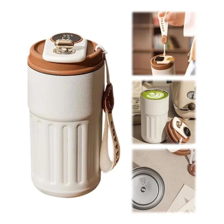 Cana Termos Bej, Afisaj LED, 0.47L, Pastreaza Bautura Calda/Rece