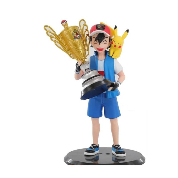 Figurina Pokemon, Xiaozhi & Pikachu, Trofeu Champion, 25 cm, PVC/ABS, Baza pentru expunere