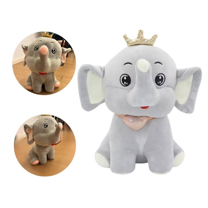 Първокласна плюшена играчка Сив слон със сърце и корона, мека и пухкава, 30 см, Сив