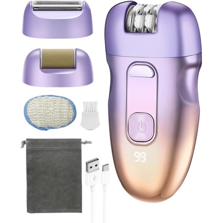 Epilator electric 3 in 1 fara fir, IPX6, cu capete interschimbabile, dimensiuni 5.5x2.5x11cm, incarcare USB-C, set complet de ingrijire personala