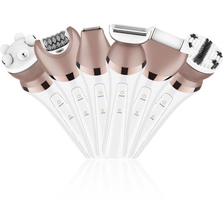 Set epilare electrica 6 in 1, pentru femei, cu capete pentru fata, corp, masaj, curatare, taiere linie bikini, incarcare USB, impermeabil, SK-1816