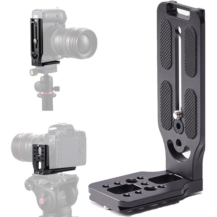 Suport L pentru camera DSLR, compatibil cu majoritatea camerelor, din aluminiu, usor, rezistent, dimensiuni 10x15x22cm