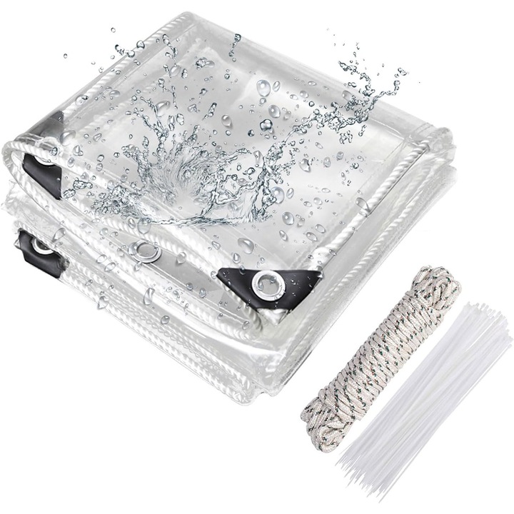 Prelata transparenta 3x4m PVC 420g/m rezistenta la apa cu ochiuri metalice si accesorii