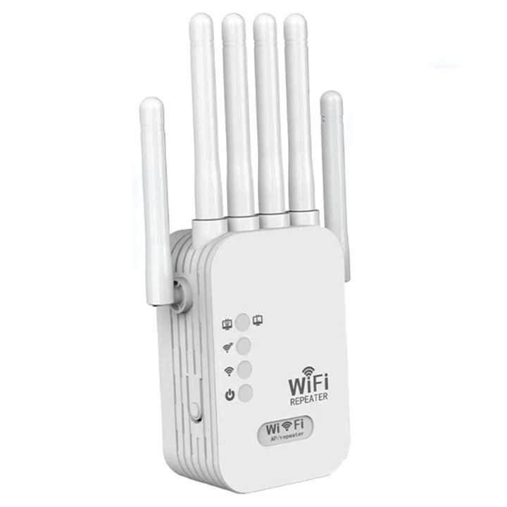 Amplificator Semnal Wireless, Rqiurpn, Extender Wi-Fi, 1200Mbps, Benzi 2.4GHz si 5Ghz, Conexiune WPA/WPA2, 6 Antene, 802.11 a/b/g/n/ac, Port LAN/WAN, Acoperire extinsa, Compatibil Universal, Alb